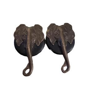 Vintage Brass Elephant Brown Clip On Earrings Wood Disc Setting RARE